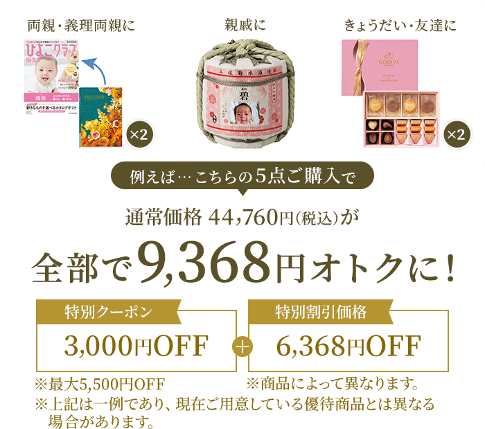 例えば…こちらの5点ご購入で通常価格44,760円（税込）が全部で9,368円オトクに！