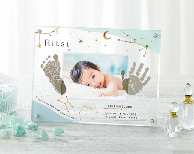 星座・誕生石付き　手形足形クリアフレームミントグリーン【お仕立券】