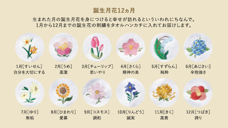 誕生月花12ヵ月 生まれた月の誕生月花を身につけると幸せが訪れるといういわれにちなんで。1月から12月までの誕生花の刺繍をタオルハンカチに入れてお届けします。