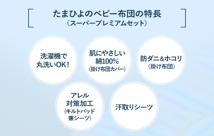 たまひよのベビー布団の特長(スーパープレミアムセット) 洗濯機で丸洗いOK! 肌にやさしい綿100%(掛け布団カバー) 防ダニ&ホコリ(掛け布団) アレル対策加工(キルトパッド兼シーツ) 汗取りシーツ