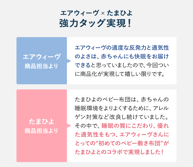 エアウィーヴ×たまひよ 強力タッグ実現! エアウィーヴ商品担当より エアウィーヴの適度な反発力と通気性のよさは、赤ちゃんにも快眠をお届けできると思っていましたので、今回ついに商品化が実現して嬉しい限りです。 たまひよ商品担当より たまひよのベビー布団は、赤ちゃんの睡眠環境をよりよくするために、アレルゲン対策など改良し続けていました。その中で、睡眠の質にこだわり、優れた通気性をもつ、エアウィーヴさんにとっての“初めてのベビー敷き布団”がたまひよとのコラボで実現しました!