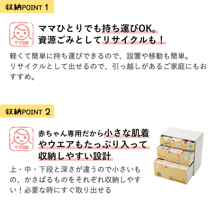 安全POINT1.段ボール製でかたくないのでぶつかってもケガしにくい 段ボール製でかたくないのでハイハイなどで動き回る赤ちゃんのそばにも置きやすい 安全POINT2.強度がアップし、丈夫に耐荷重が16.5㎏に。丈夫で長持ちします※強度がアップしたのは「2段収納ケース」と「5引き出し収納ケース」です。