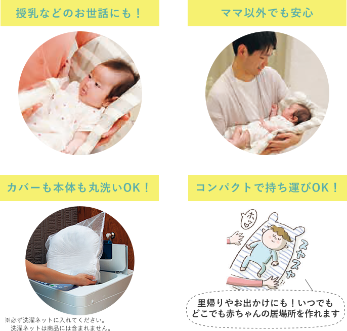 授乳などのお世話にも! ママ以外でも安心 カバーも本体も丸洗いOK!※必ず洗濯ネットに入れてください。洗濯ネットは商品には含まれません。 コンパクトで持ち運びOK!