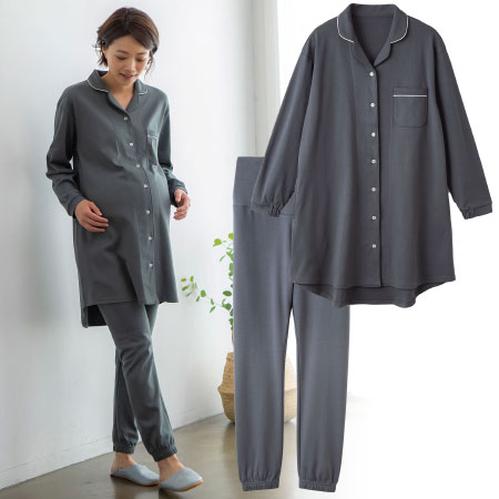【特別価格】【綿100％】授乳＆お世話しやすい産後も快適なマタニティパジャマ_チャコールグレー