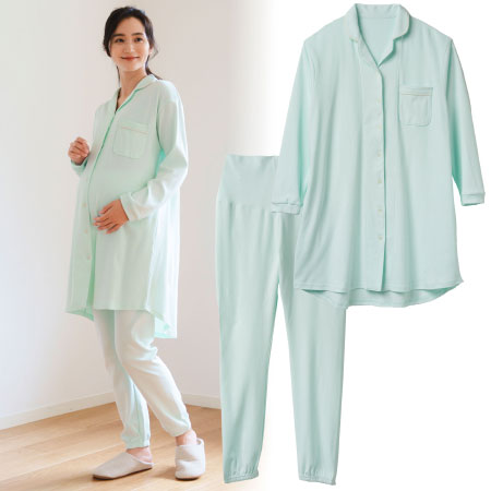 【特別価格】【綿100％】授乳＆お世話しやすい産後も快適なマタニティパジャマ_ミント