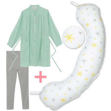 【送料無料】丸洗いで清潔!妊娠-授乳用お助け抱き枕&Wガーゼ長袖パジャマ スター×パジャマグリーン たまひよSHOP