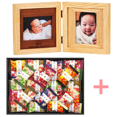 【旬ギフト】名入れ木製ダブルフォトフレームと金澤兼六製菓 金澤小町B_