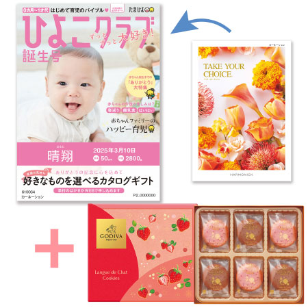 【旬ギフト】「ひよこクラブ」なりきり表紙 写真＆名入れカタログ テイクユアチョイス カーネーションとゴディバ あまおう苺クッキー18枚入_