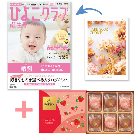 【旬ギフト】「ひよこクラブ」なりきり表紙 写真＆名入れカタログ テイクユアチョイス カランコエとゴディバ あまおう苺クッキー18枚入