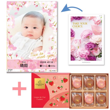 【旬ギフト】写真＆名入れ季節のごあいさつカタログ テイクユアチョイス ローズとゴディバ あまおう苺クッキーアソート18枚入_