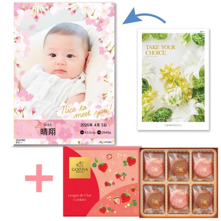 【旬ギフト】写真＆名入れ季節のごあいさつカタログ テイクユアチョイス ポピーとゴディバ あまおう苺クッキーアソート18枚入_