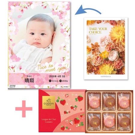 【旬ギフト】写真＆名入れ季節のごあいさつカタログ テイクユアチョイス カルミアとゴディバ あまおう苺クッキーアソート18枚入_