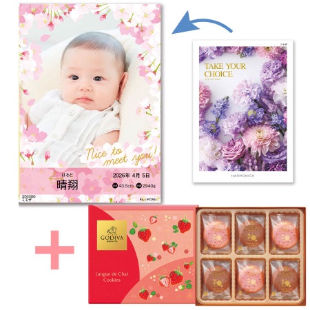 【旬ギフト】写真＆名入れ季節のごあいさつカタログ テイクユアチョイス ミモザとゴディバ あまおう苺クッキーアソート18枚入_