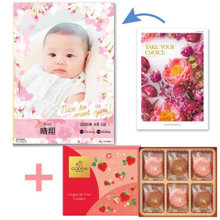 【旬ギフト】写真＆名入れ季節のごあいさつカタログ テイクユアチョイス ブッドレアとゴディバ あまおう苺クッキーアソート18枚入_