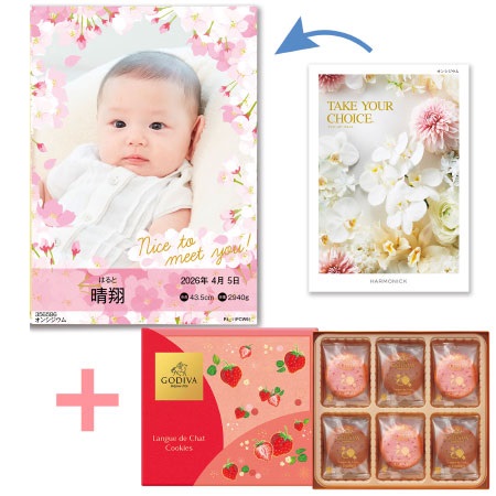 【旬ギフト】写真＆名入れ季節のごあいさつカタログ テイクユアチョイス オンシジウムとゴディバ あまおう苺クッキーアソート18枚入_
