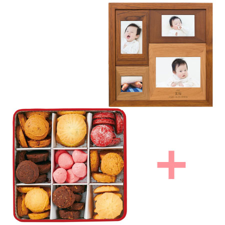 【旬ギフト】名入れ木製壁掛けフォトフレーム（小）とパティスリー・サダハル・アオキ・パリ コフレ アソーティモン ビスキュイE_
