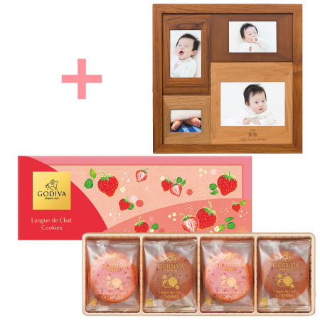 【旬ギフト】名入れ木製壁掛けフォトフレーム（小）とゴディバ あまおう苺ラングドシャクッキーアソートメント8枚入_