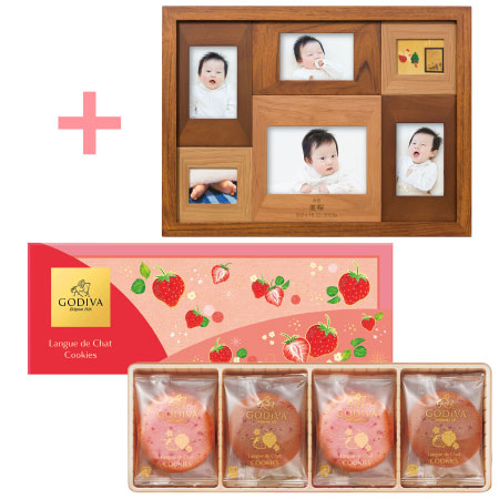 【旬ギフト】名入れ木製壁掛けフォトフレーム（大）とゴディバ あまおう苺ラングドシャクッキーアソートメント8枚入