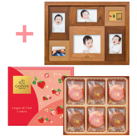 【旬ギフト】名入れ木製壁掛けフォトフレーム（大）とゴディバ あまおう苺ラングドシャクッキーアソートメント18枚入_