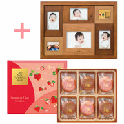 【旬ギフト】名入れ木製壁掛けフォトフレーム（大）とゴディバ あまおう苺ラングドシャクッキーアソートメント18枚入