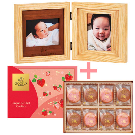 【旬ギフト】名入れ木製ダブルフォトフレームとゴディバ あまおう苺ラングドシャクッキーアソートメント30枚入