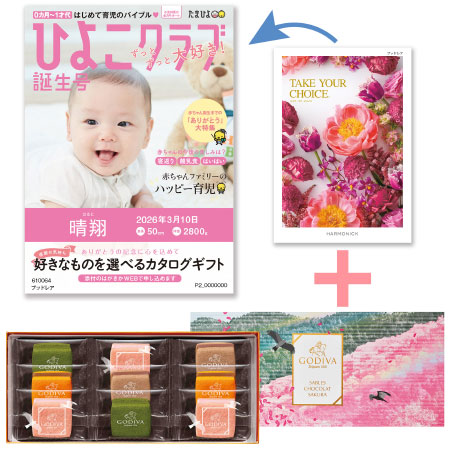 【旬ギフト】「ひよこクラブ」なりきり表紙 写真＆名入れカタログ テイクユアチョイス ブッドレアとゴディバ サブレショコラ〈桜〉9個入_