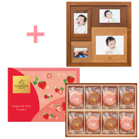 【旬ギフト】名入れ木製壁掛けフォトフレーム（小）とゴディバ あまおう苺ラングドシャクッキーアソートメント30枚入_