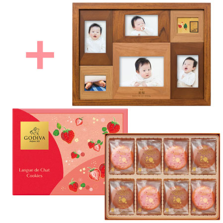 【旬ギフト】名入れ木製壁掛けフォトフレーム（大）とゴディバ あまおう苺ラングドシャクッキーアソートメント30枚入_