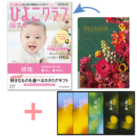 【旬ギフト】「ひよこクラブ」なりきり表紙 写真＆名入れカタログ プルミエ モデストととらや 小形羊羹5本入〈夏限定パッケージ〉_