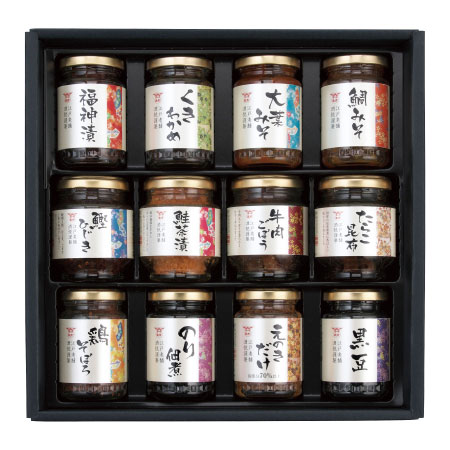 ■内容：福神漬・くきわかめ・のり佃煮・鮭茶漬・鯛みそ・黒豆・えのきだけ・牛肉ごぼう・鰹ひじき・大葉みそ・鶏そぼろ・たらこ昆布×各1 ごはんやお酒のお供に最適。 素材にこだわったバラエティ豊かな瓶詰セッ