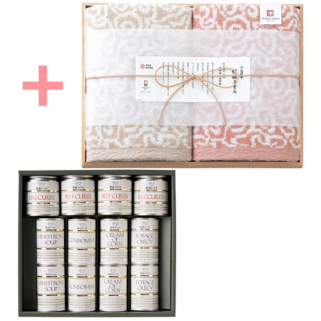 帝国ホテル スープ・カレーセットBと今治謹製 木箱入り紋織タオルK（ピンク）_