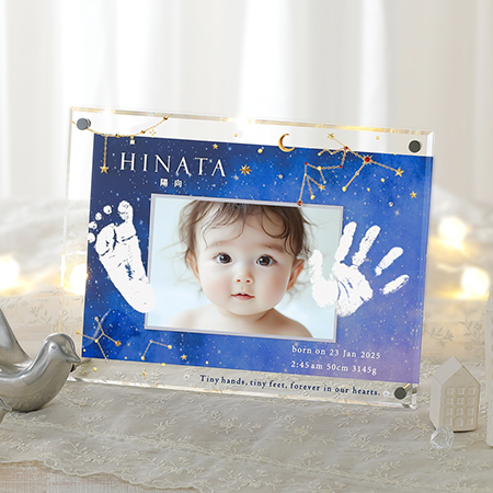 星座・誕生石付き　手形足形クリアフレーム　コスモブルー【お仕立券】_