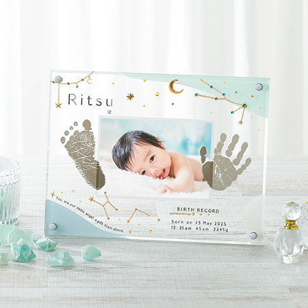 星座・誕生石付き　手形足形クリアフレーム　ミントグリーン  3個セット【お仕立券】_