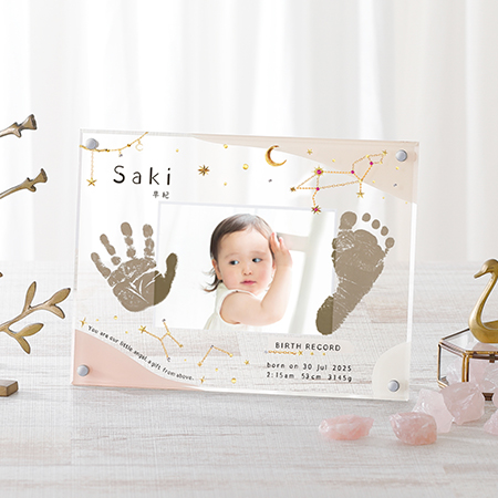 星座・誕生石付き　手形足形クリアフレーム　オーロラピンク【お仕立券】_